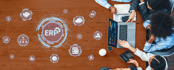 ERP icons show management, integration, and business process. ERP supports data management, ERP efficiency, and ERP organizational solutions. Entice