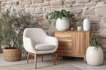 Comfortable armchair and wooden cabinet beside a stone wall.