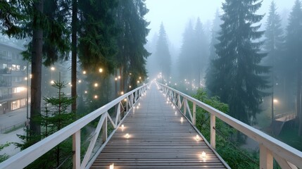 Wooden Boardwalk Illuminated by String Lights Through a Misty Forest at Dusk