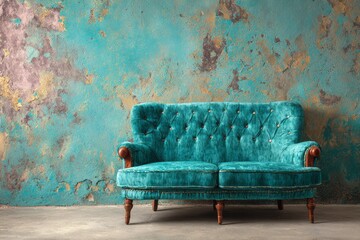 Ornate teal velvet sofa rests against a textured turquoise wall.