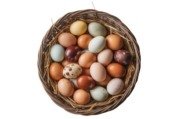 Basket of various colorful and speckled natural chicken eggs isolated with transparent background