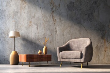 Cozy armchair and side table with lamp in a minimalist room.