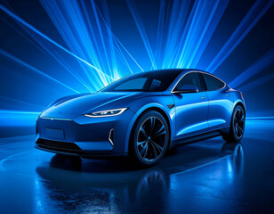 Fototapeta premium Sleek blue electric car against a dynamic blue background, representing modern technology and sustainable transport.