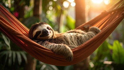 Naklejka premium Tranquil sloth slumbering peacefully in a hammock amid lush green foliage