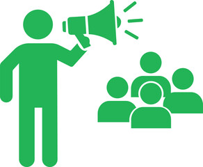 Vector illustration a green icon of a person with a megaphone addressing a group of people