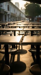 Atmospheric Seating Arrangement: Rows of Tables and Stools in Golden Light