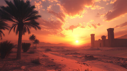 Desert sunset with palm trees and structures