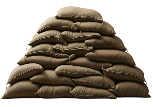 A tall conical pile of tightly packed burlap sandbags forming a defensive barrier isolated on transparent background