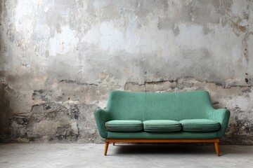 Vintage green sofa stands against a textured concrete wall.