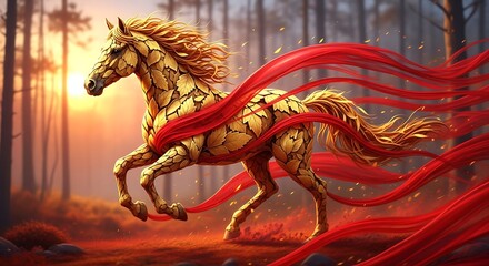 Golden Horse with Red Ribbons in Enchanted Forest.