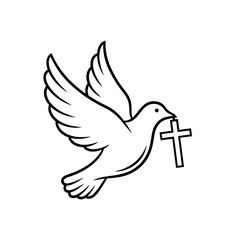 Obraz premium Flying Dove Holding Cross in Beak Outline Vector Illustration