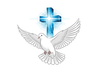 Obraz premium White Dove and Glowing Blue Christian Cross Vector Illustration
