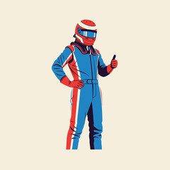 Obraz premium Confident Formula 1 Race Car Driver in Red Blue Suit Giving Thumbs Up Gesture