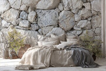 Cozy bedroom with natural stone wall and soft bedding.