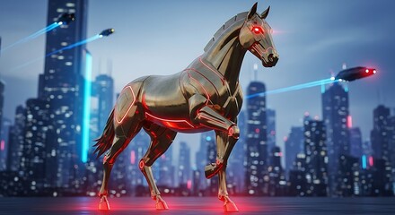 Futuristic Metallic Horse with Red Eyes in a Cyberpunk Cityscape.