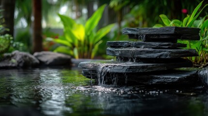 Naklejka premium A cascading water feature of stacked slate slabs in a serene outdoor setting.