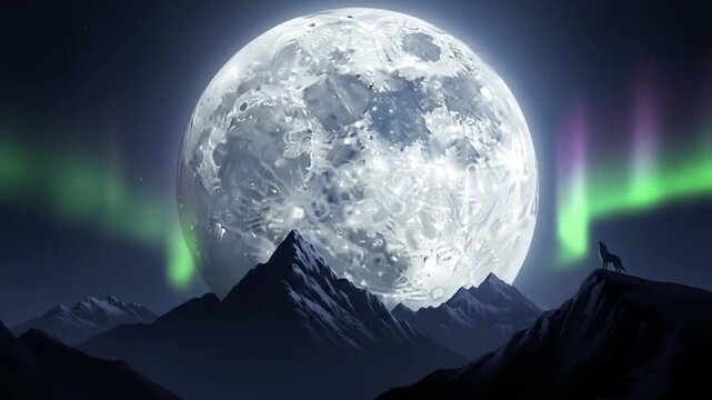 A wolf howls at a massive moon over snowy mountains and aurora borealis