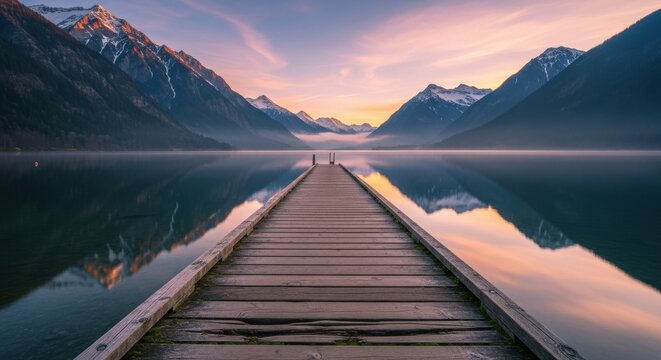 Serenity on the Lake: A Wooden Dock Leading to Mountain Reflections