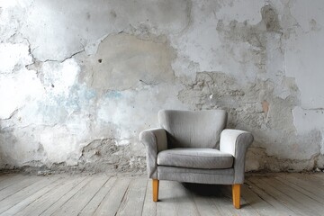 Gray armchair placed against a distressed, textured wall.