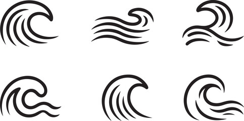 Fototapeta premium Stylized Ocean Water Wave Outline Vector Icon Set