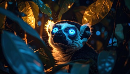 Obraz premium Intense gaze: A blue-eyed lemur peers upward, surrounded by glowing foliage