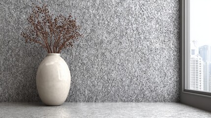 White vase with dried branches on textured wall beside window.