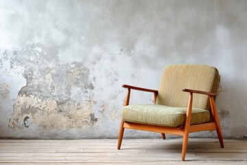 Vintage armchair rests against a textured, weathered wall.