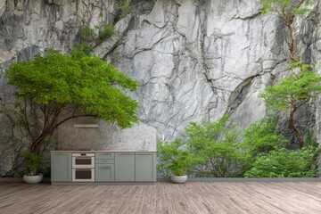 Kitchen installed against a rough stone wall with vibrant green trees.