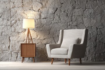 Comfortable armchair and lamp rest against a textured stone wall.