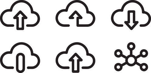 Obraz premium Cloud Upload Download and Network Outline Vector Icon Set