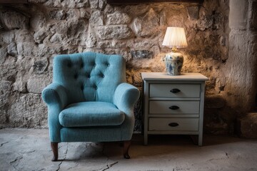 Teal armchair with a lamp on a nightstand against stone walls.