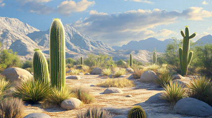 Desert valley landscape with cacti