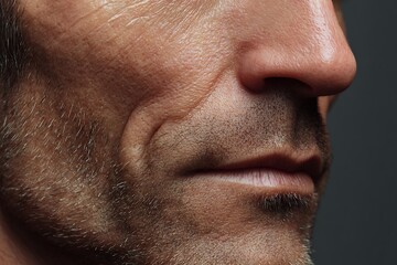 Obraz premium macro chin and jawline skin mid-age, slight sagging, realistic detail