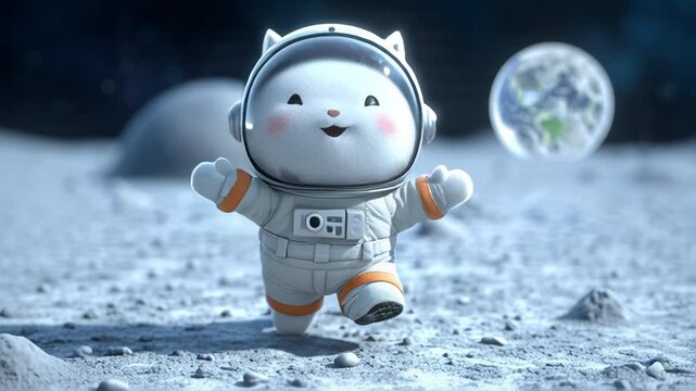 Cute cartoon cat in astronaut suit walking on the moon