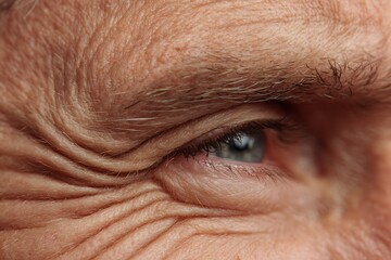 macro close-up of mid-age forehead skin, visible deep wrinkles, realistic texture