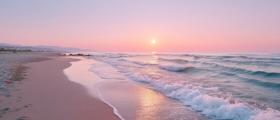 Serene Purple Sunset Over Ocean Waves on Sandy Beach Gentle Light Reflections Create Sparkle on Water Surface Peaceful Coastal Scenery