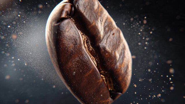Close-up of a Single Coffee Bean with Floating Particles