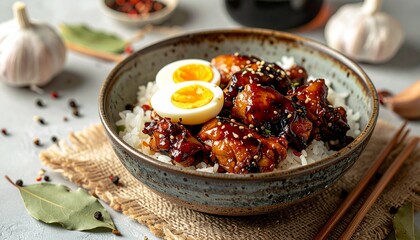 Chicken Adobo Served with Rice and Halved Boiled Eggs on Warm Rustic Surface, Filipino Home-Style Dish