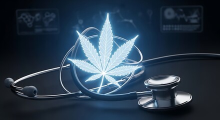 Futuristic Hologram of Cannabis Leaf for Medical Healthcare Concept.