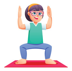 Girl character doing a Horse yoga pose on a mat with arms raised, practicing meditation. Vector cartoon illustration