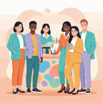 Diverse professional group smiling near a colorful counter representing teamwork and successful small business