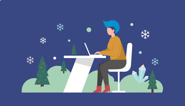 Digital worker on laptop in snowy winter scene Remote work during holidays concept