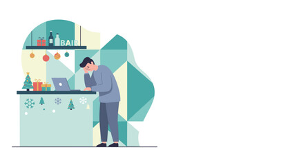 Stressed worker on laptop at festive bar counter Holiday pressure or deadline concept