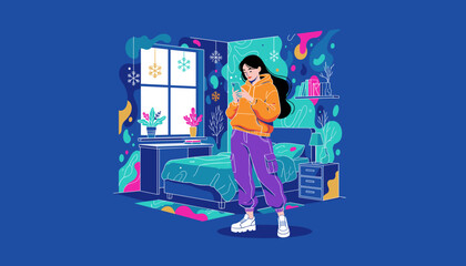 Trendy girl texts on phone in colorful winter bedroom illustration