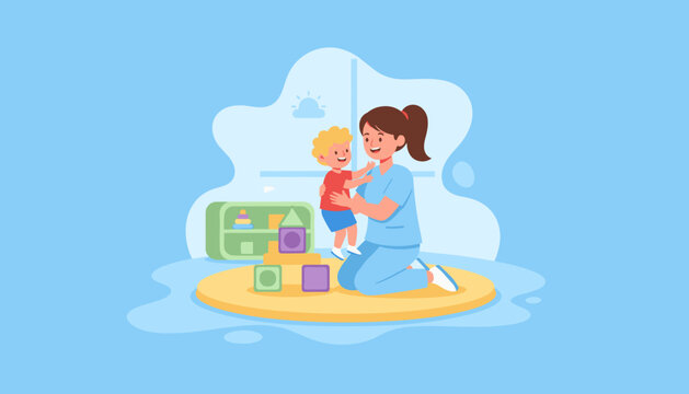 Happy caregiver bonding with a toddler boy in a playroom Early childhood education and positive development