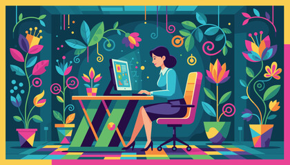 Woman working on PC in vibrant office full of plants Creative workspace productivity nature integration