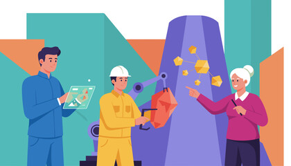 Engineers and manager supervising smart factory automation and resource management