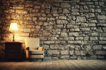 Illuminated armchair sits beside a wooden nightstand against a stone wall.