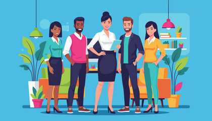 Diverse confident business team standing in a vibrant modern office environment