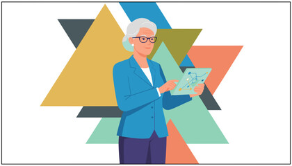 Senior professional woman analyzing data on a futuristic transparent tablet